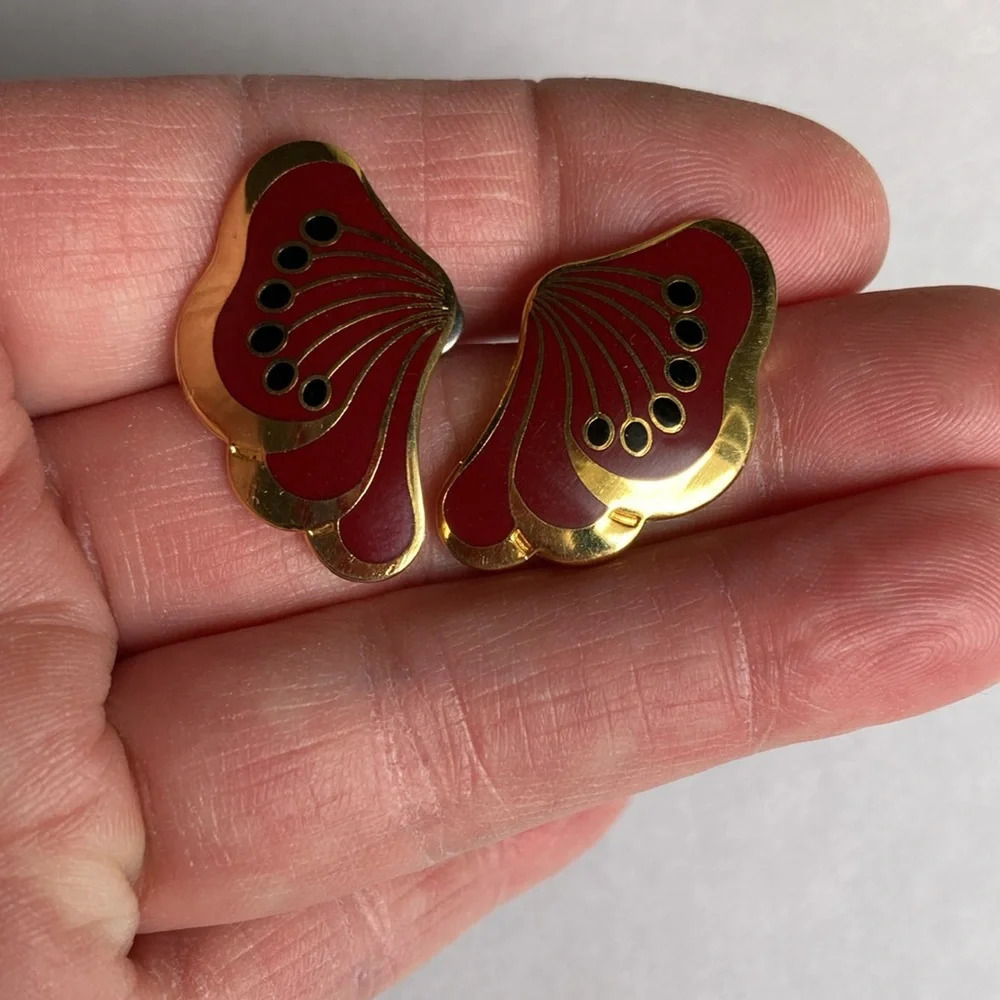 Laurel Burch LE FLEUR Studs Deep Red Black and Gold Tone - Picture 7 of 11